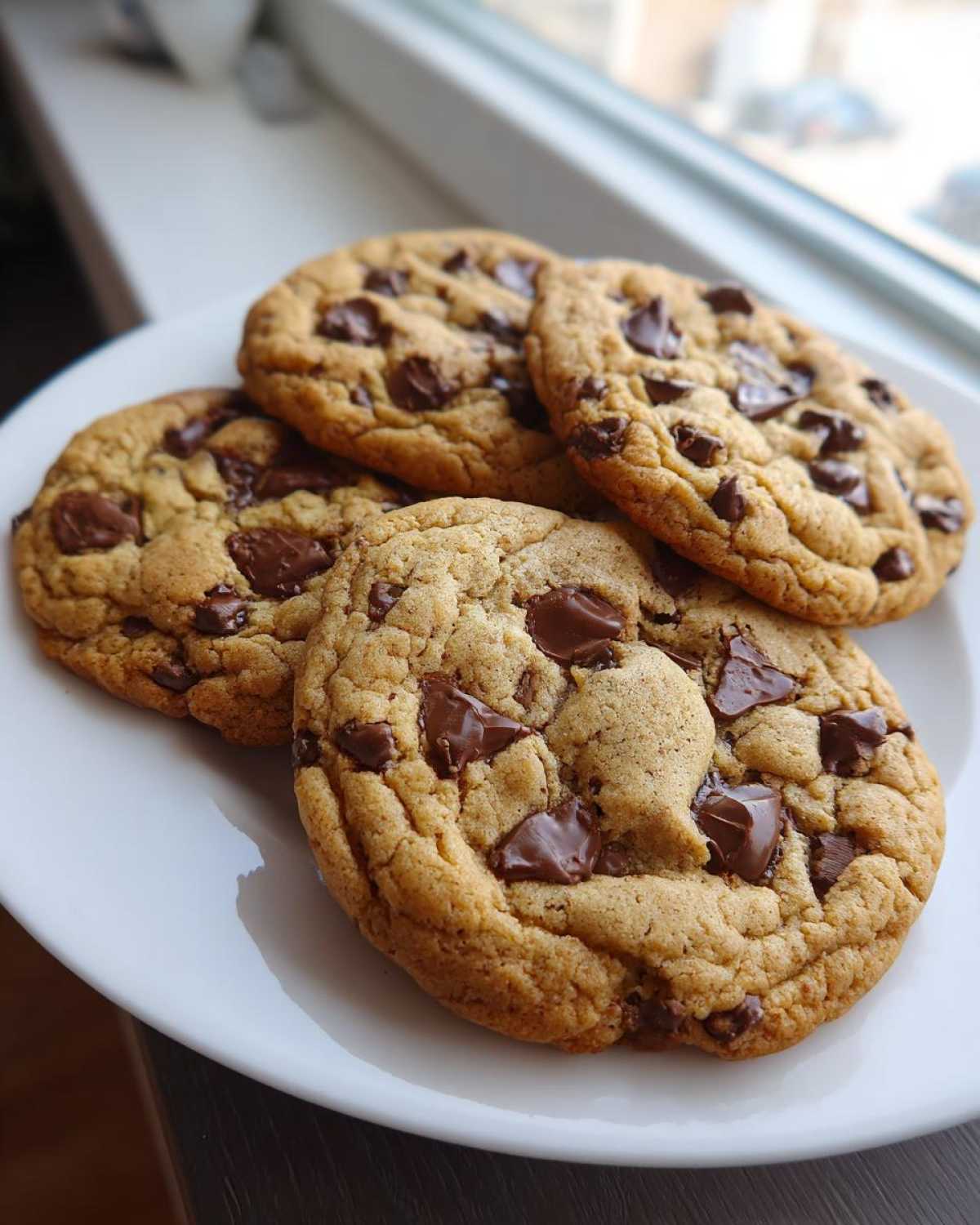 Four thick, chewy chocolate chip cookies piled on a white plate near a window.