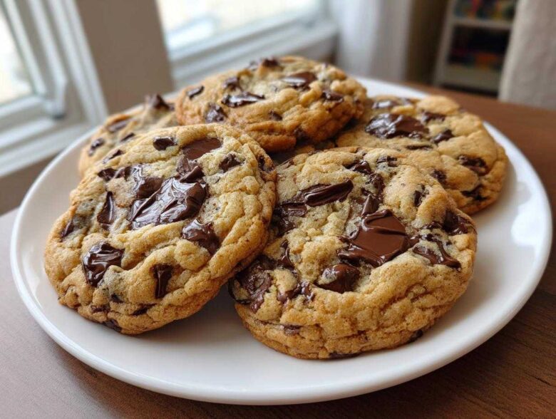 A stack of five freshly baked, chewy chocolate chip cookies piled high on a white plate.