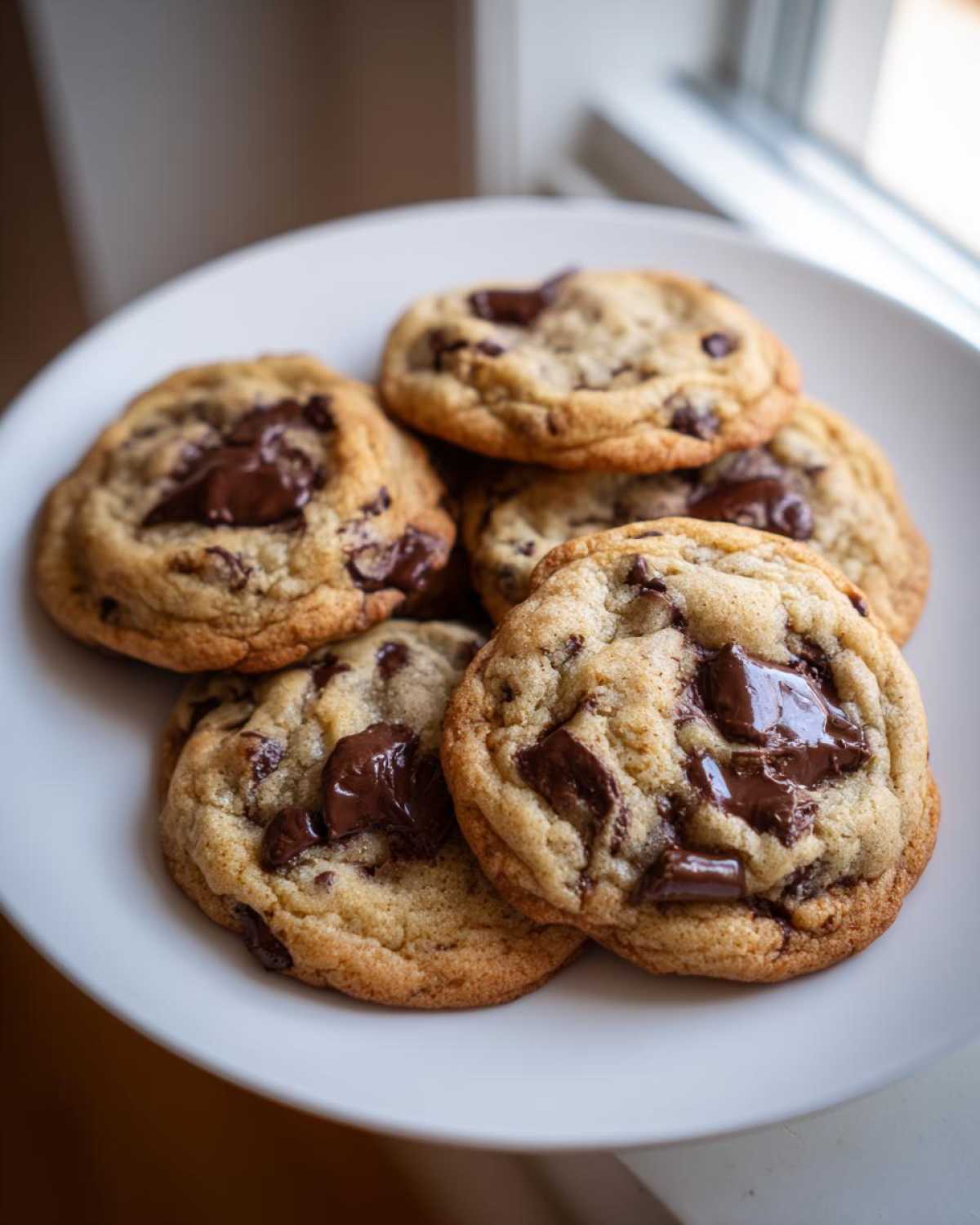 A stack of freshly baked, chewy chocolate chip cookies with melted chocolate chunks on a white plate.