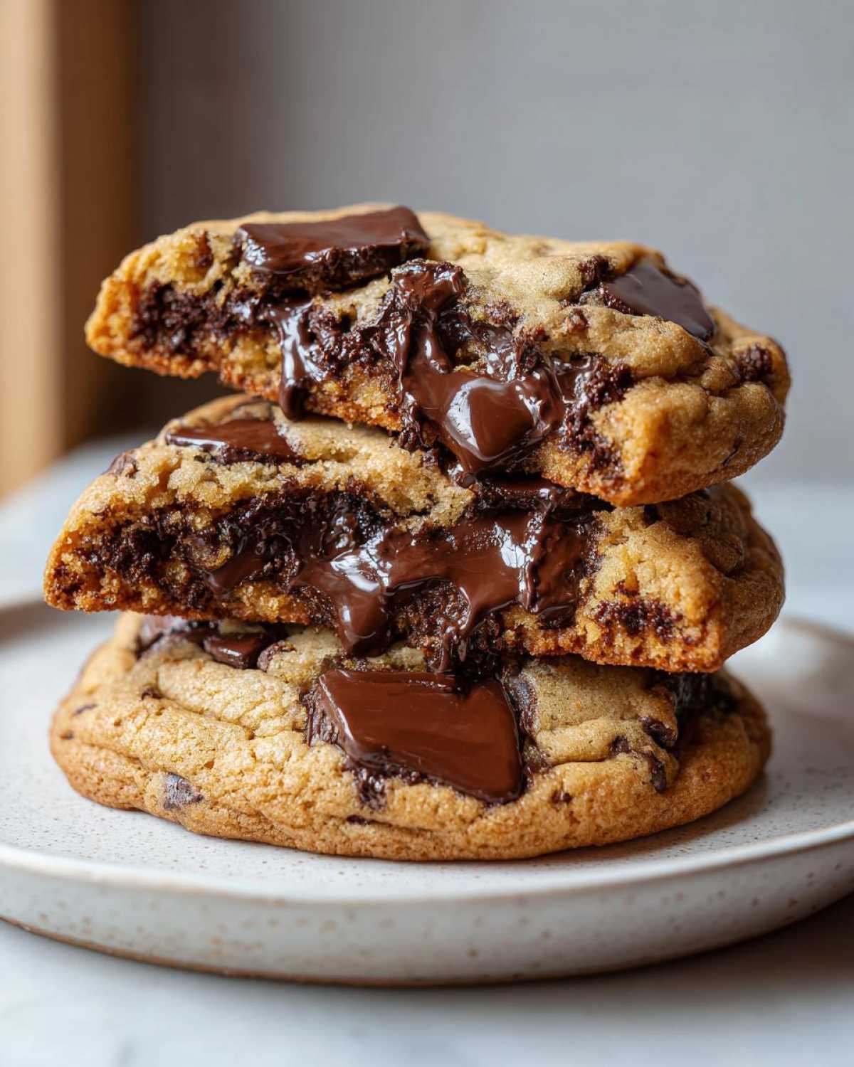 A stack of three amazingly chewy chocolate chip cookies, with the top two broken open to show gooey, melted chocolate centers.