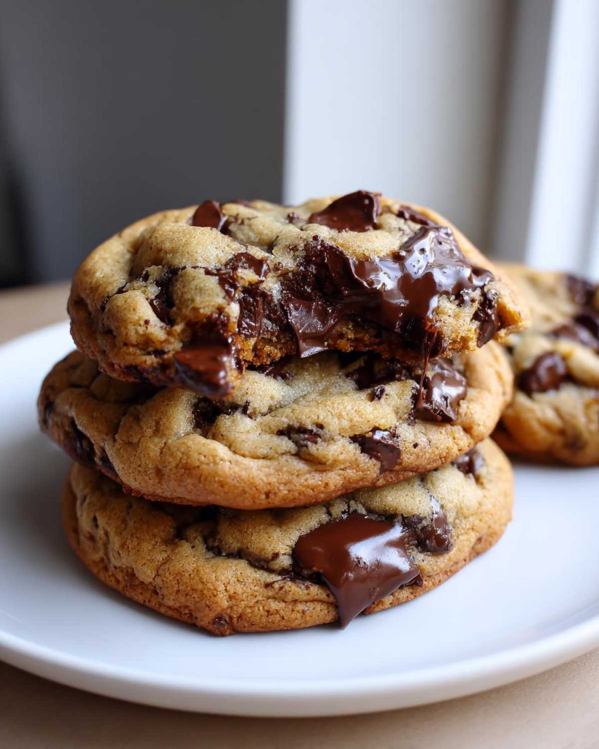 A stack of three perfectly baked chewy chocolate chip cookies, with the top one broken open showing gooey, melted chocolate.