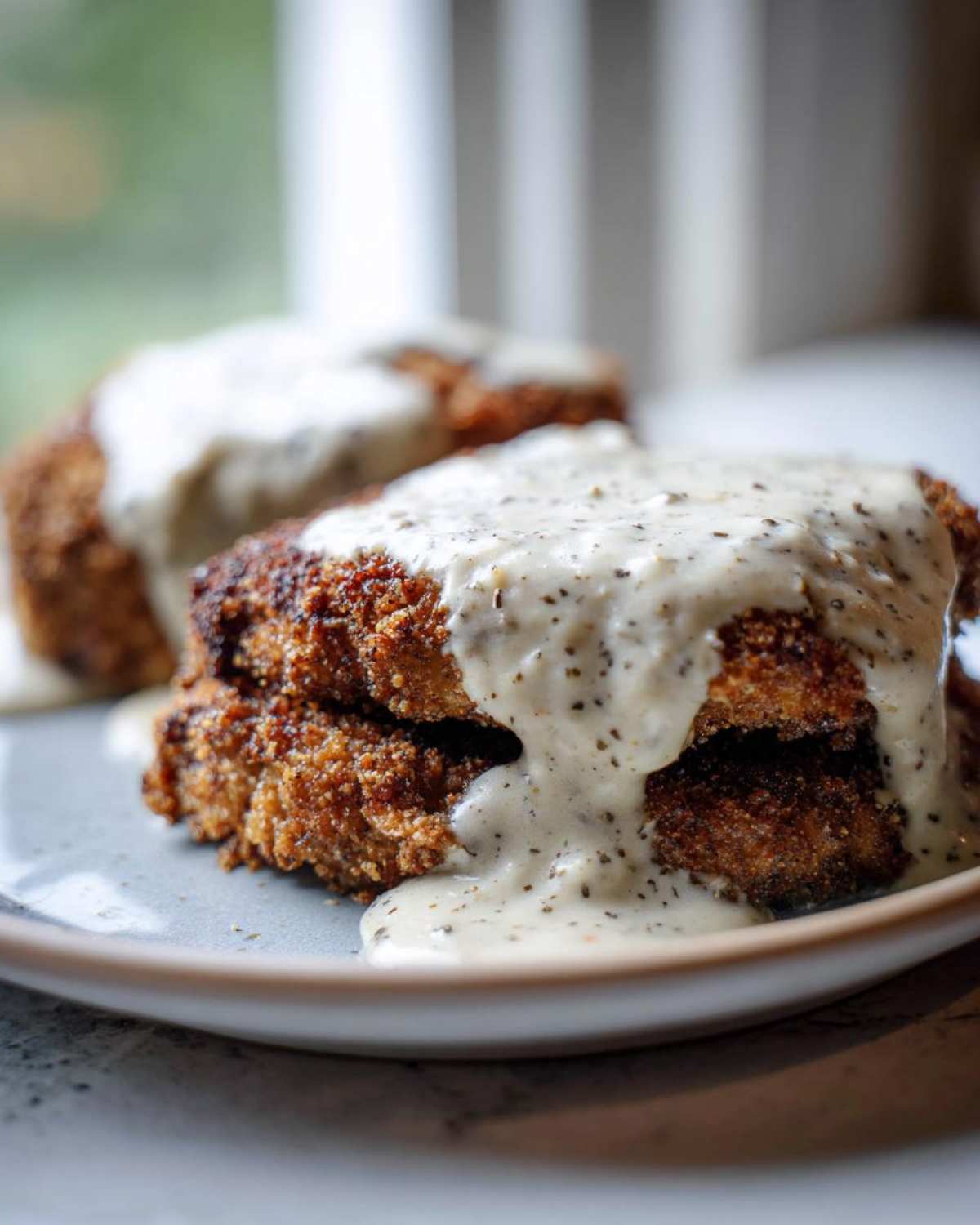 Close-up of two pieces of crispy, golden brown chicken fried steak smothered in white pepper gravy.