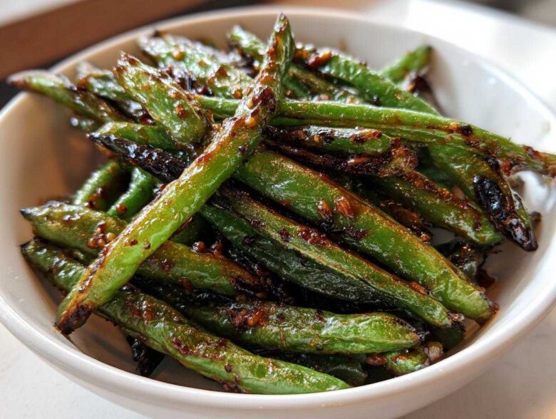 Close-up of blistered, glossy chinese green beans with garlic sauce in a white bowl.
