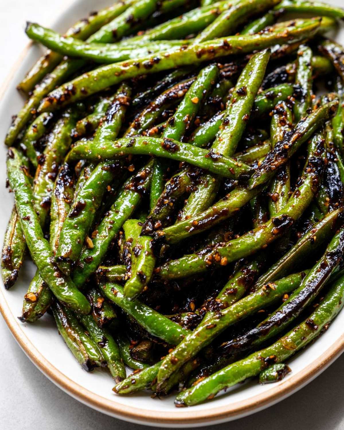 A close-up of vibrant, blistered chinese green beans with garlic sauce served on a white platter.