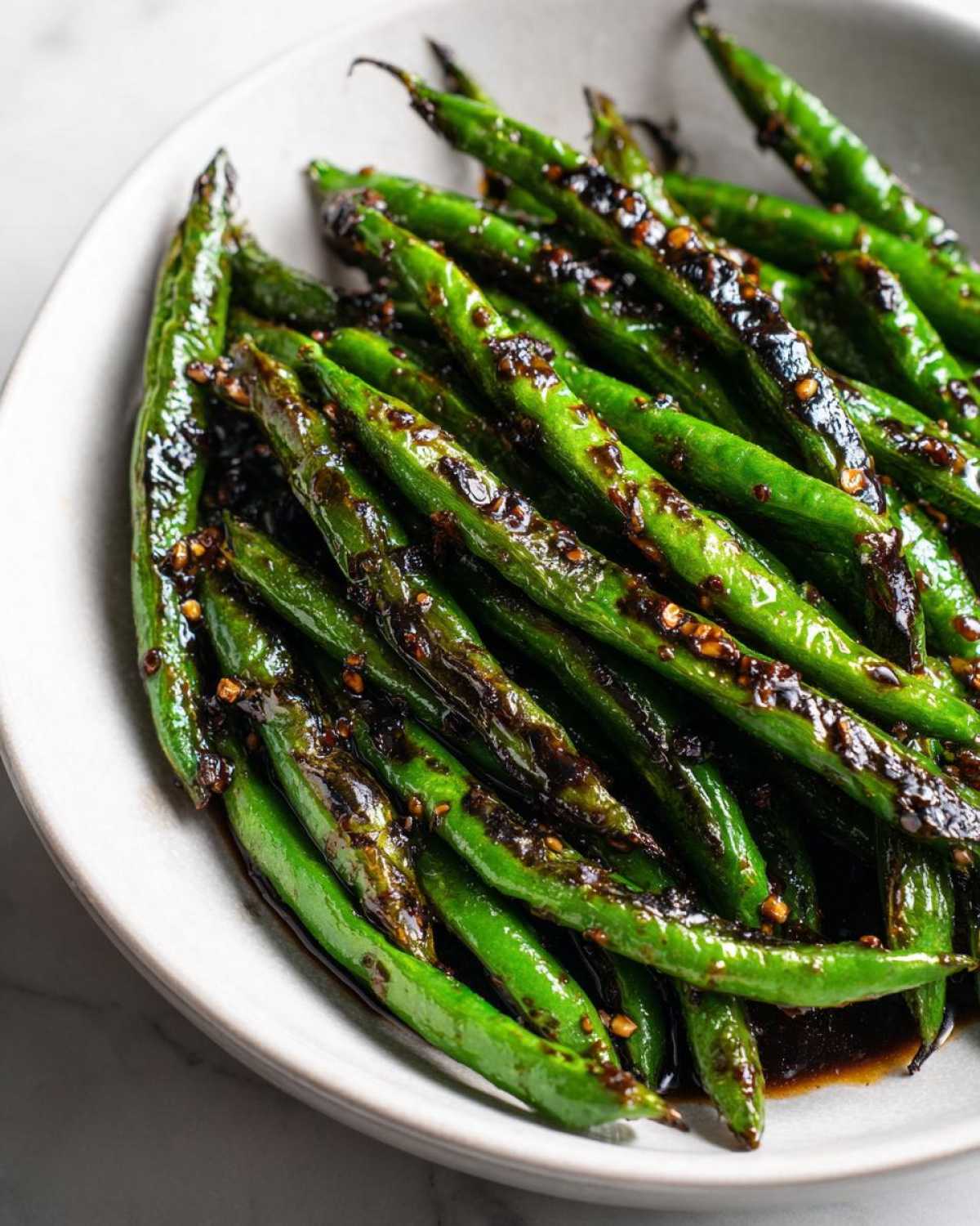 Vibrant green beans coated in a dark, glossy garlic sauce, ready to serve.