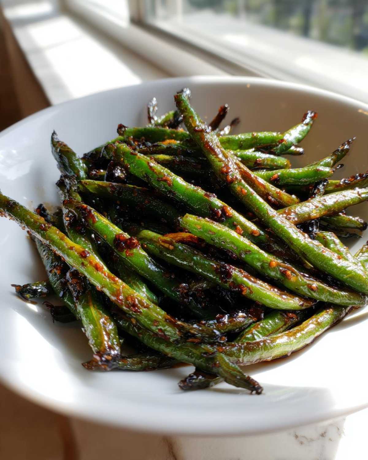 A white bowl filled with blistered chinese green beans with garlic sauce, catching bright light from a window.