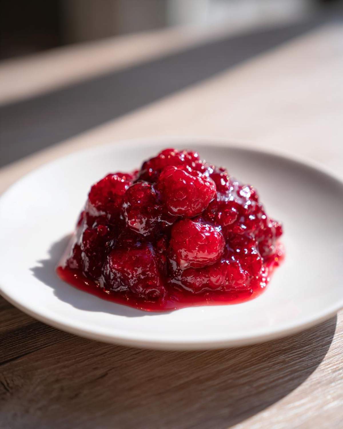 A dollop of bright red, chunky raspberry jam sitting on a small white plate, showcasing whole fruit pieces.
