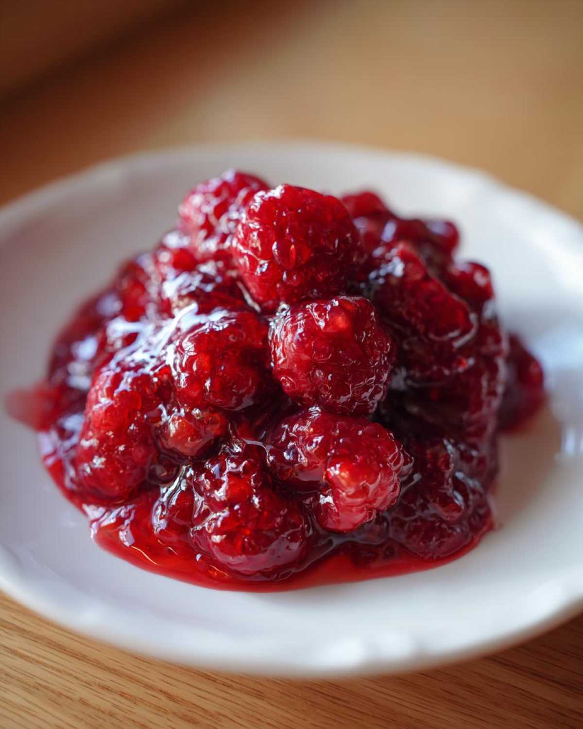 A close-up shot of chunky, glistening homemade raspberry jam with whole fruit pieces served on a small white plate.