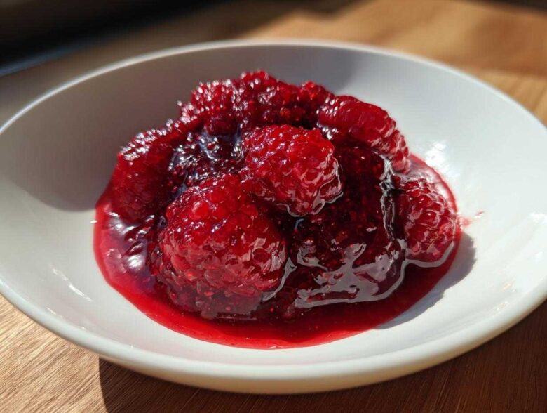 Close-up of chunky, vibrant red raspberry jam with whole berries in a white bowl.