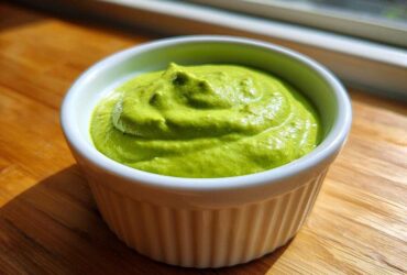 A close-up of thick, bright green cilantro lime sauce served in a small white ramekin on a wooden surface.