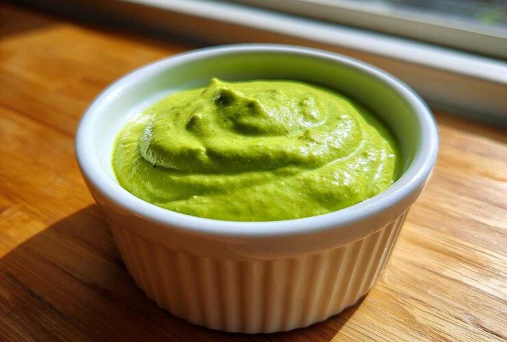 A close-up of thick, bright green cilantro lime sauce served in a small white ramekin on a wooden surface.