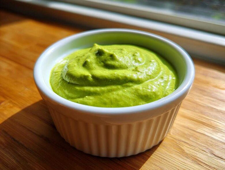 A close-up of thick, bright green cilantro lime sauce served in a small white ramekin on a wooden surface.