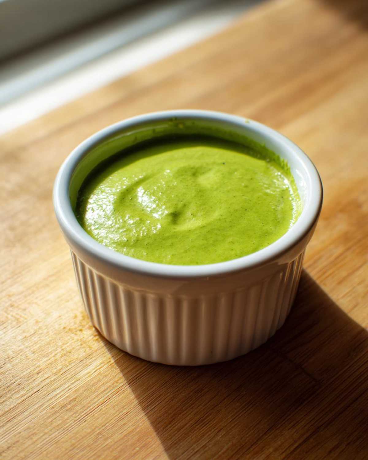 A small white ramekin filled with bright green, creamy cilantro lime sauce, sitting on a wooden surface.