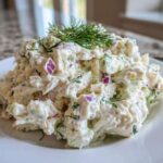 A mound of creamy cottage cheese chicken salad mixed with red onion and celery, topped with fresh dill.