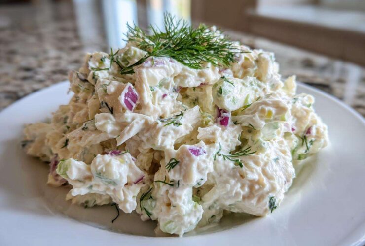 A mound of creamy cottage cheese chicken salad mixed with red onion and celery, topped with fresh dill.