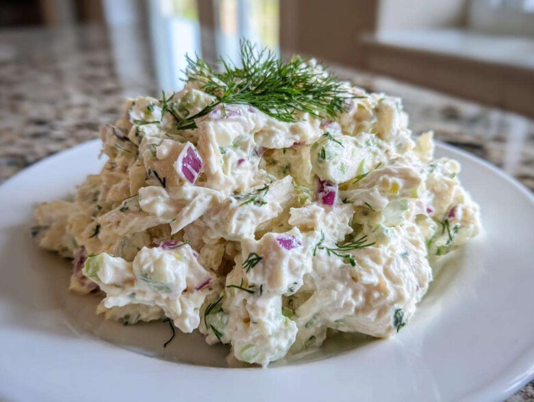 A mound of creamy cottage cheese chicken salad mixed with red onion and celery, topped with fresh dill.