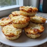 A stack of freshly baked cottage cheese egg cups starbucks style, topped with melted and shredded cheese, on a white plate.