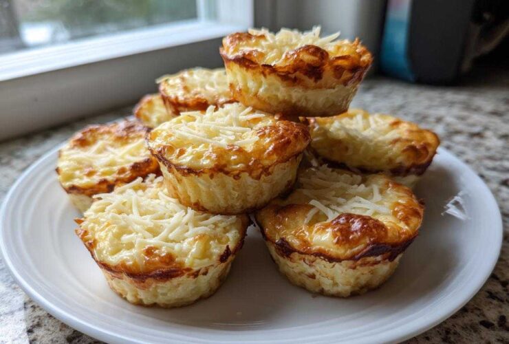 A stack of freshly baked cottage cheese egg cups starbucks style, topped with melted and shredded cheese, on a white plate.
