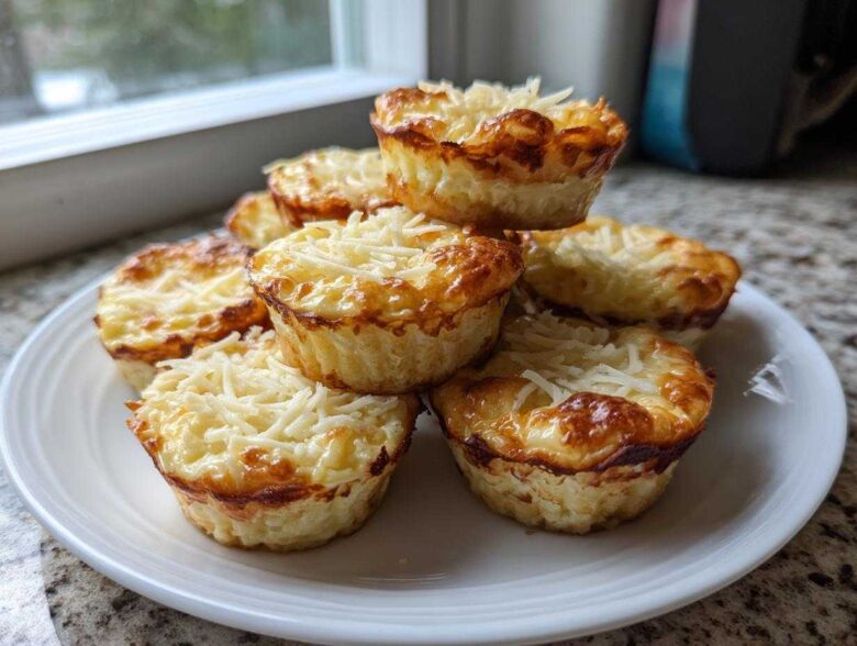 A stack of freshly baked cottage cheese egg cups starbucks style, topped with melted and shredded cheese, on a white plate.