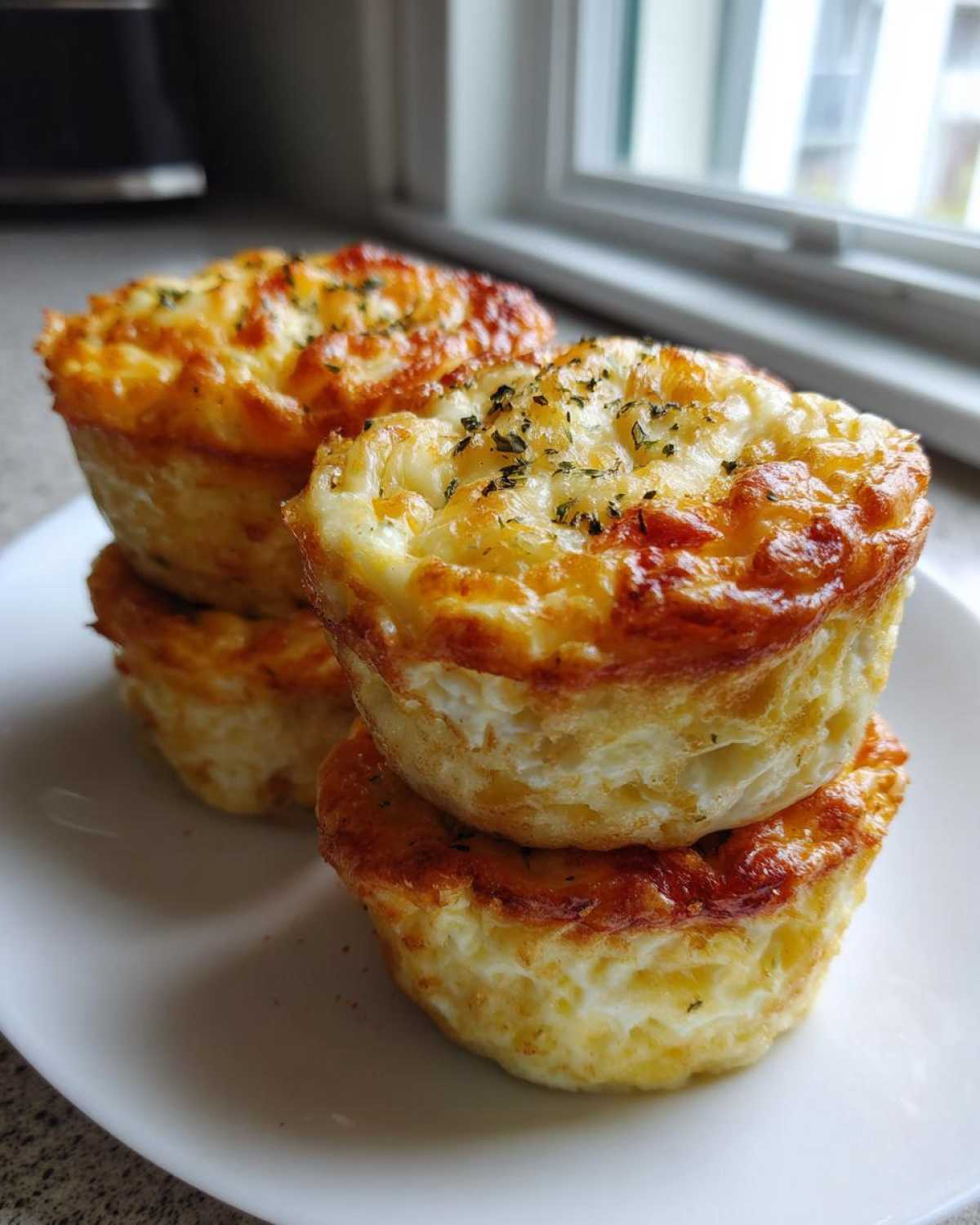 A stack of four golden-brown cottage cheese egg cups starbucks style, topped with melted cheese and herbs.