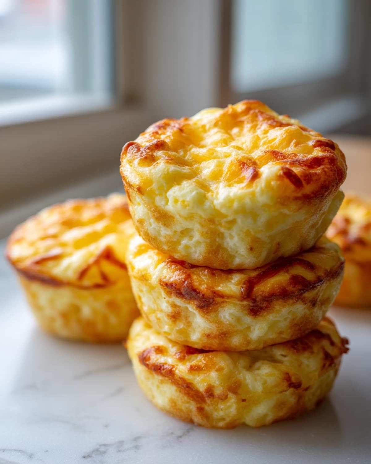 A stack of three golden brown cottage cheese egg cups starbucks style resting on a white marble surface.