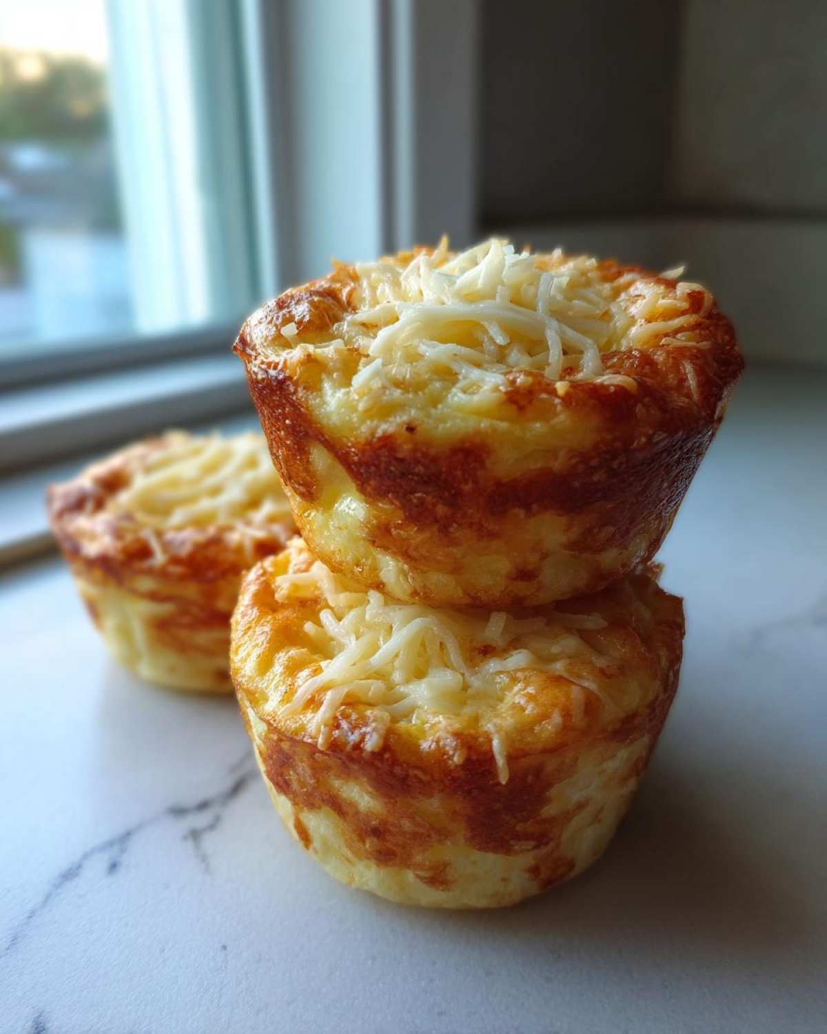 Three golden-brown cottage cheese egg cups stacked on a white marble surface, topped with shredded cheese.