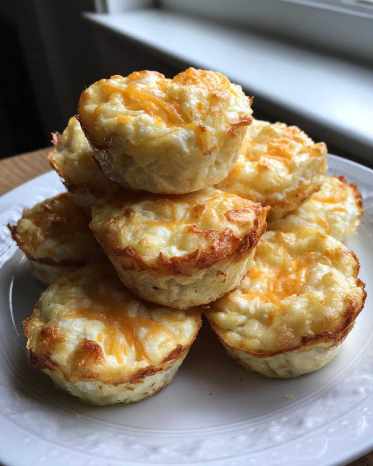 A stack of freshly baked cottage cheese egg cups starbucks style, topped with melted orange cheddar cheese, on a white plate.