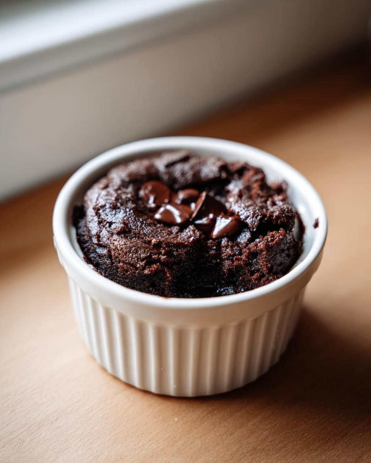 A rich, dark chocolate Cottage Cheese Microwave Brownie topped with melted chocolate chips in a white fluted ramekin.