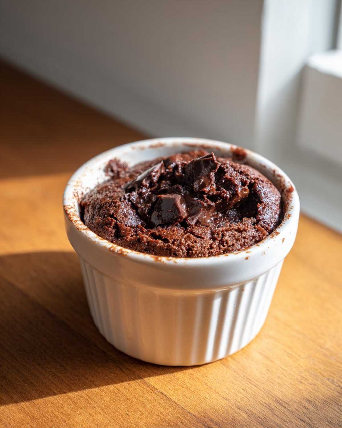 A rich, dark chocolate Cottage Cheese Microwave Brownie topped with melted chocolate chunks in a white ramekin.
