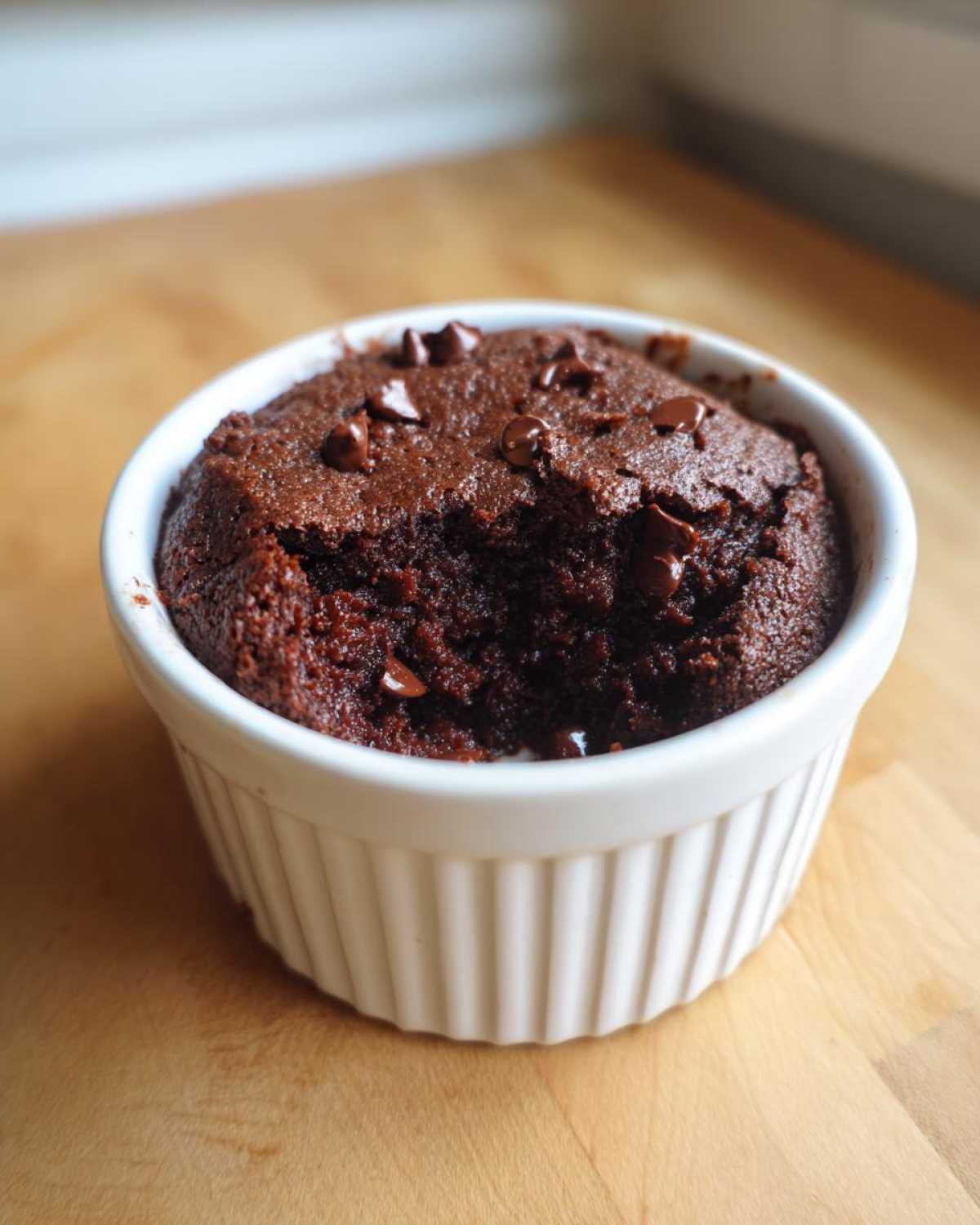 A rich, dark chocolate Cottage Cheese Microwave Brownie topped with chips in a white fluted ramekin.