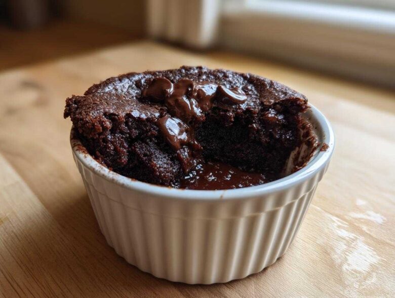 A rich, dark chocolate Cottage Cheese Microwave Brownie served warm in a white ramekin with melted chocolate chips.