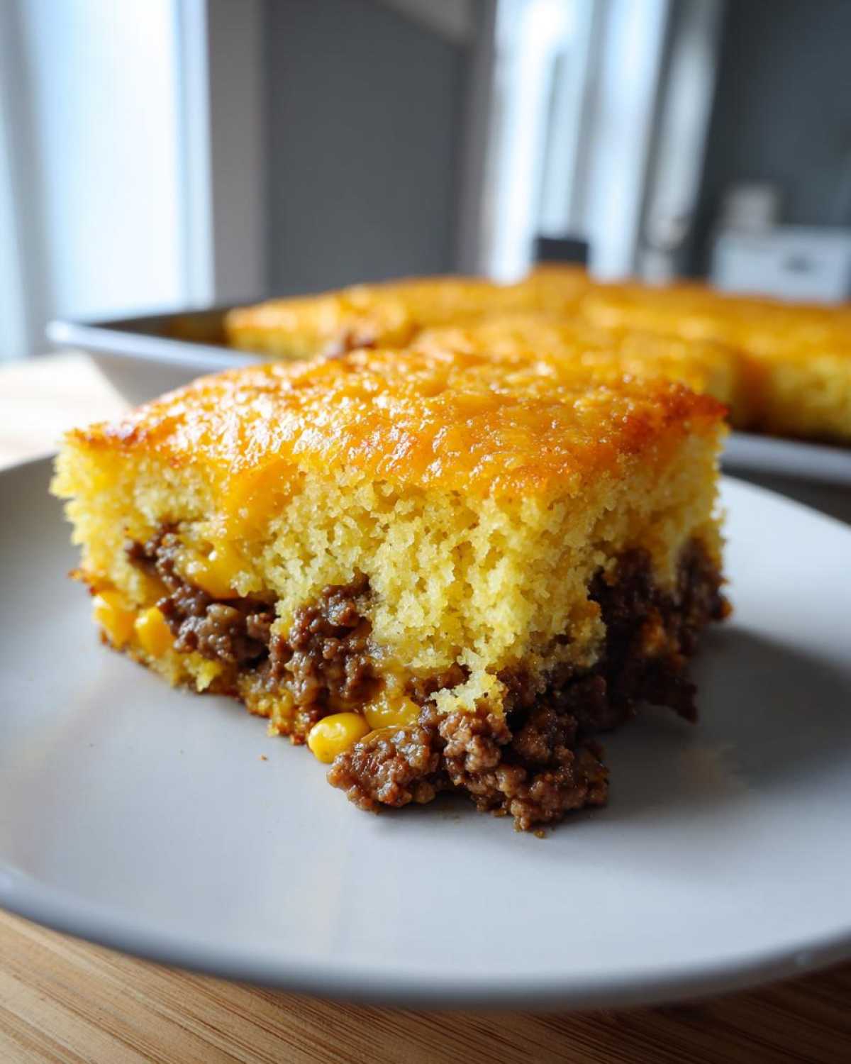 A close-up slice of cowboy cornbread casserole showing a savory ground meat and corn filling beneath a golden cornbread top.