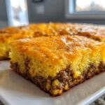 A close-up of a square slice of cowboy cornbread casserole showing a layer of ground meat and a thick, cheesy cornbread top.