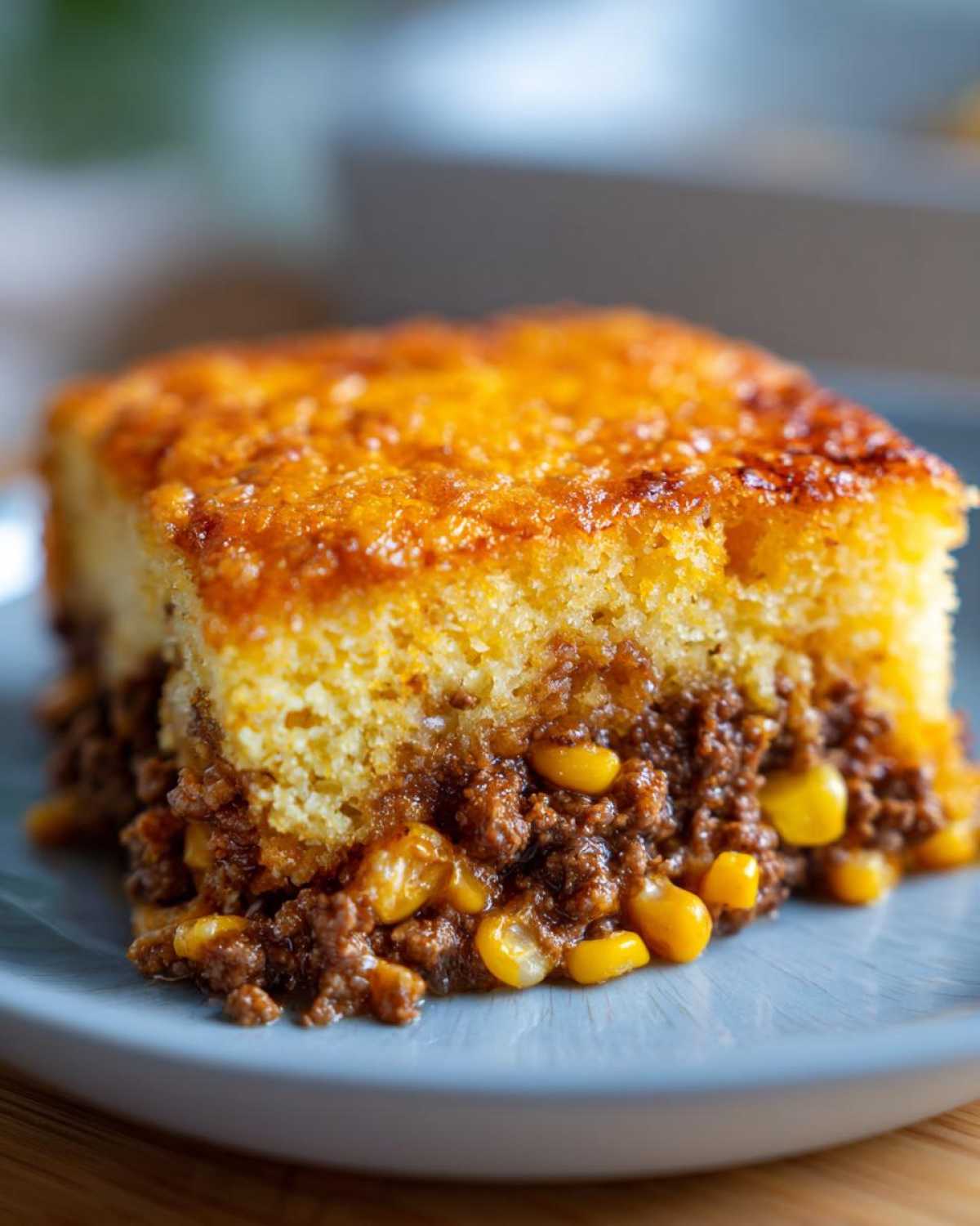 Close-up of a square slice of cowboy cornbread casserole showing a golden top layer over a savory filling of ground meat and corn.