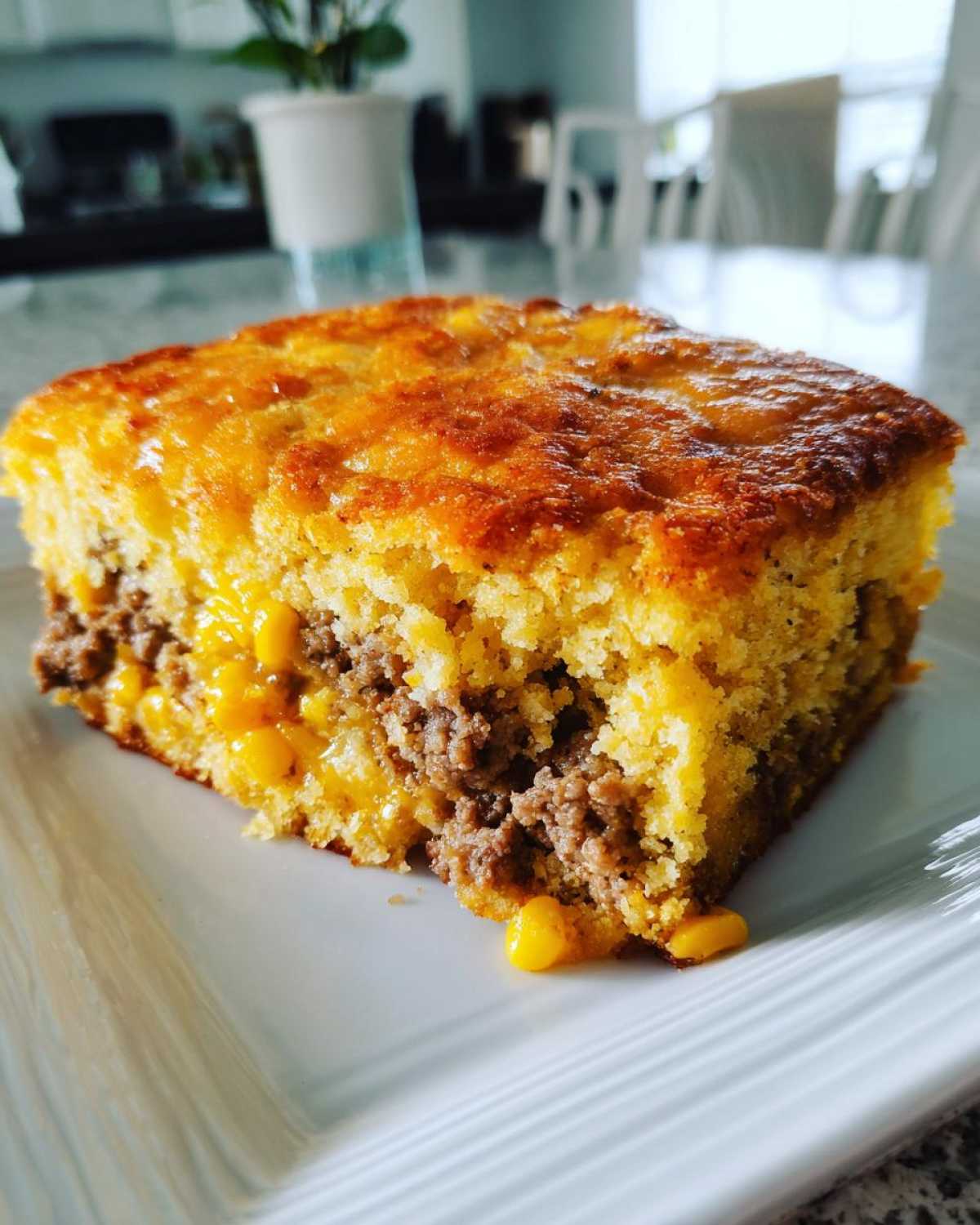 A square slice of cowboy cornbread casserole showing a layer of ground beef and corn filling between the cornbread.