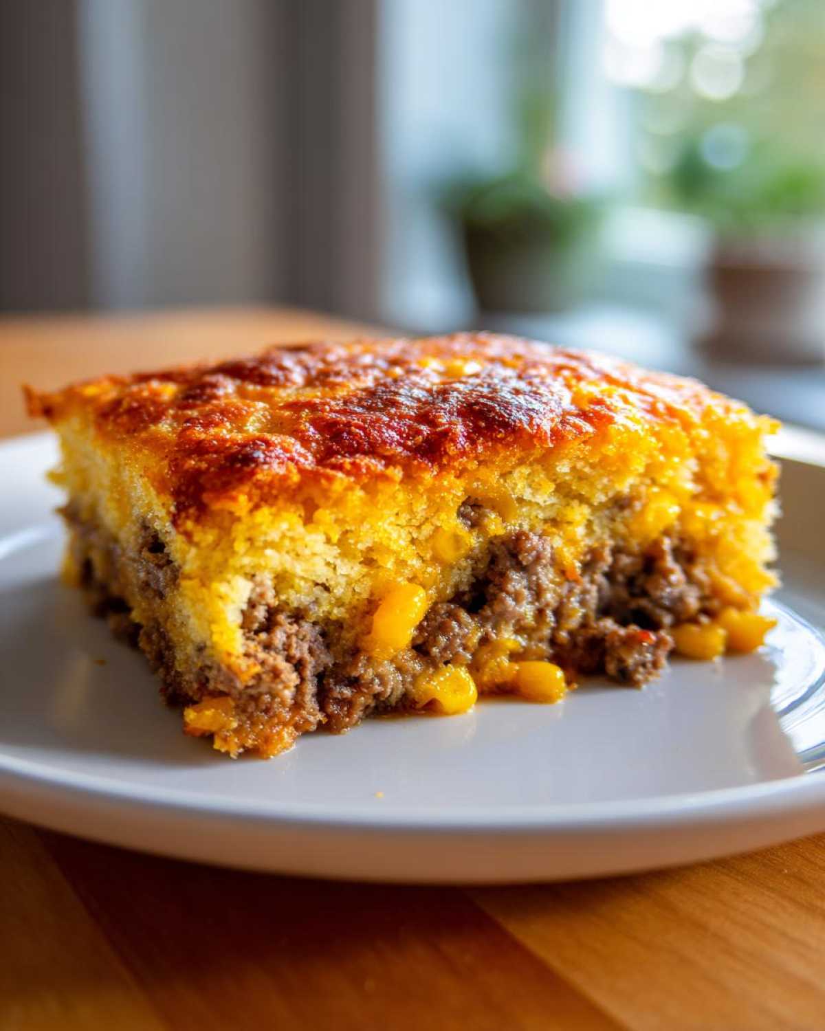 A close-up of a hearty slice of cowboy cornbread casserole showing a golden, baked top and a savory ground meat and corn filling.