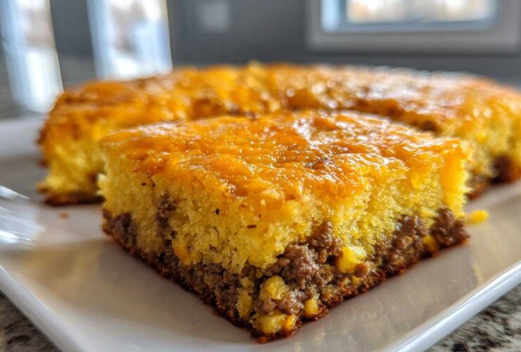 A close-up of a square slice of cowboy cornbread casserole showing a layer of ground meat and a thick, cheesy cornbread top.