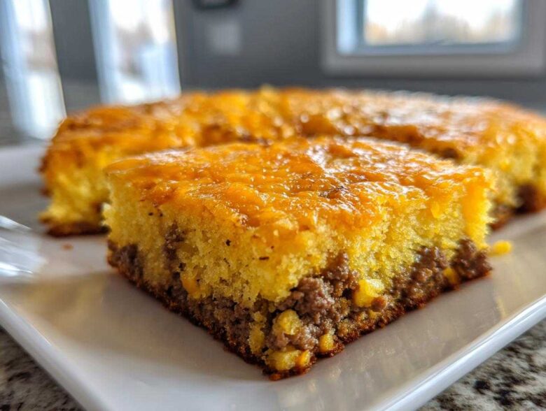 A close-up of a square slice of cowboy cornbread casserole showing a layer of ground meat and a thick, cheesy cornbread top.