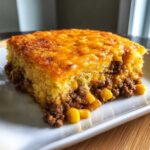 Close-up of a hearty slice of cowboy cornbread casserole showing a layer of seasoned ground beef and corn beneath a golden cornbread top.