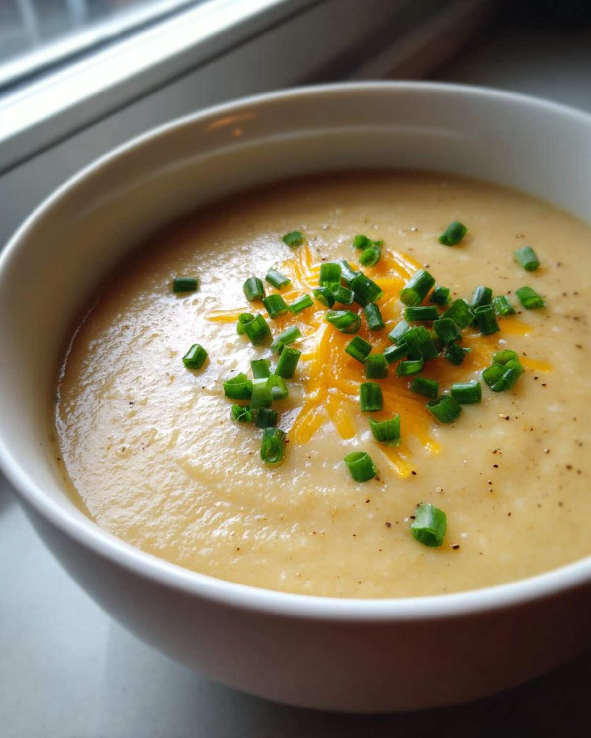 A close-up of a bowl of creamy cauliflower soup garnished with shredded cheddar cheese and fresh chopped chives.
