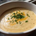 A close-up of a bowl of creamy cauliflower soup, garnished with chopped chives and a swirl of melted cheese or oil.