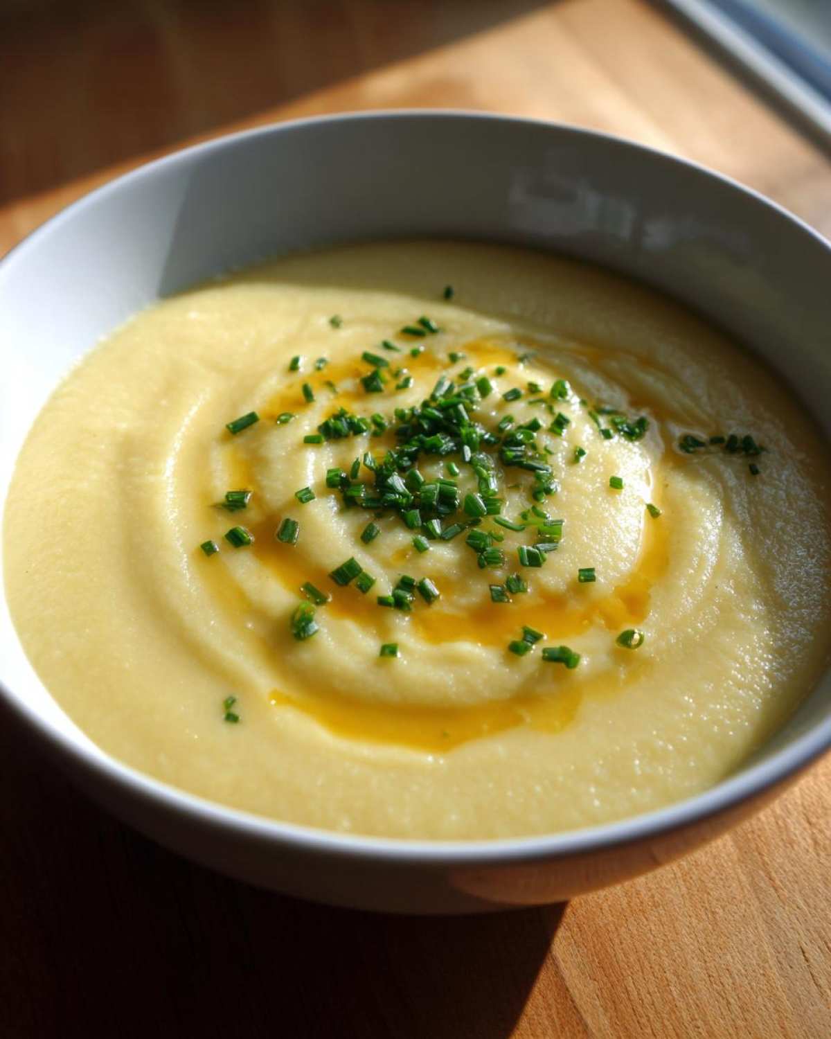 A close-up of creamy cauliflower soup in a white bowl, topped with chopped chives and a swirl of golden oil.
