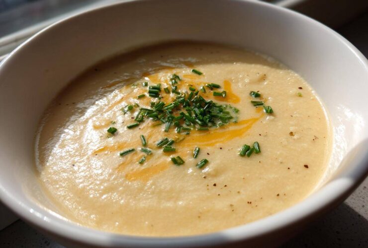 A close-up of a bowl of creamy cauliflower soup, garnished with chopped chives and a swirl of melted cheese or oil.