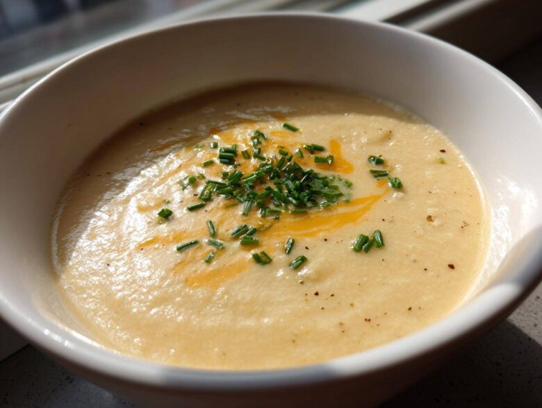 A close-up of a bowl of creamy cauliflower soup, garnished with chopped chives and a swirl of melted cheese or oil.