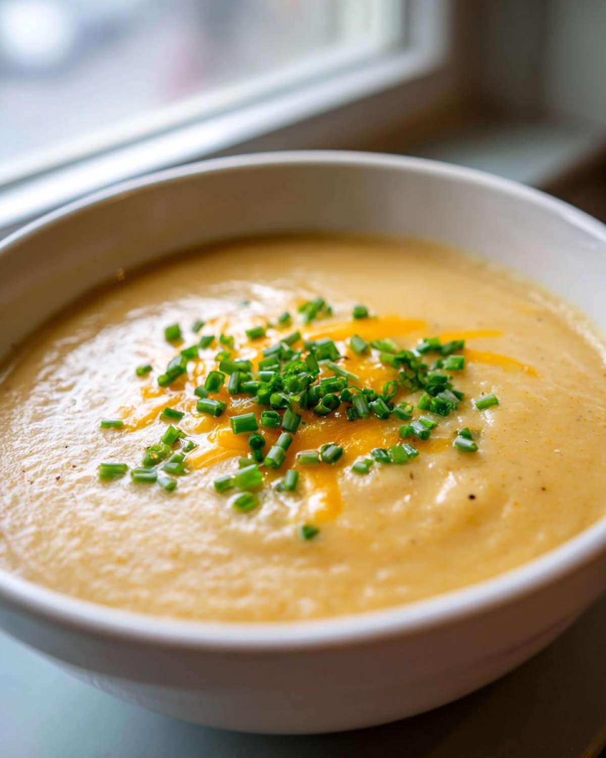 Close-up of a bowl of creamy cauliflower soup topped with melted cheddar cheese and fresh chopped chives.