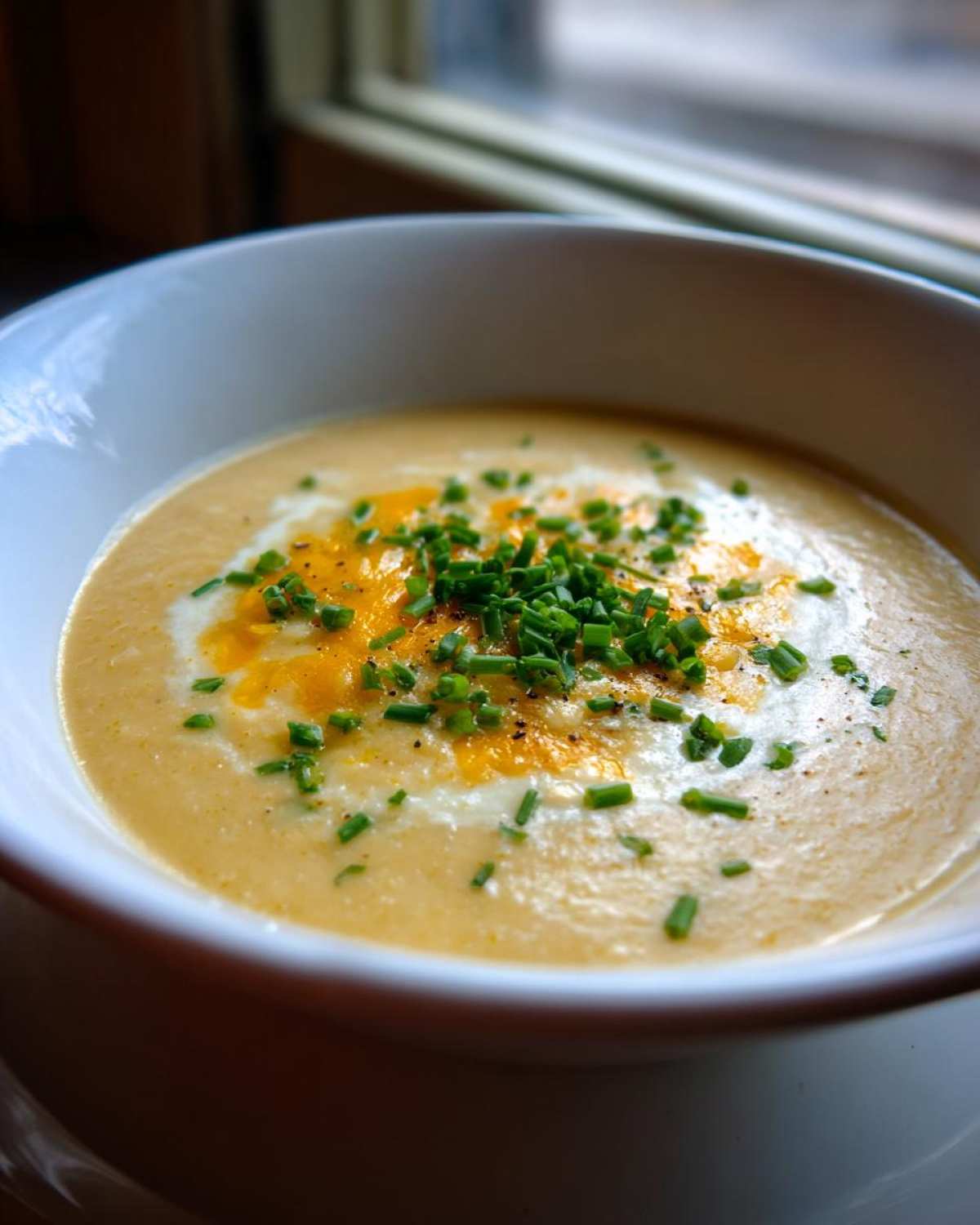 Close-up of a bowl of creamy cauliflower soup topped with melted cheese, a swirl of cream, and fresh chopped chives.
