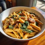 Close-up of creamy chicken sausage pasta with spinach served in a white bowl.