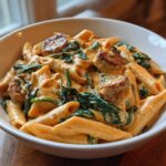 A close-up of creamy chicken sausage pasta mixed with wilted spinach served in a white bowl.