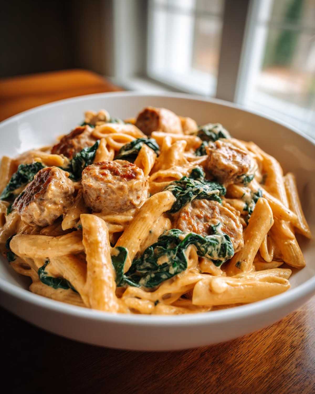 Close-up of creamy chicken sausage pasta mixed with wilted spinach served in a white bowl.