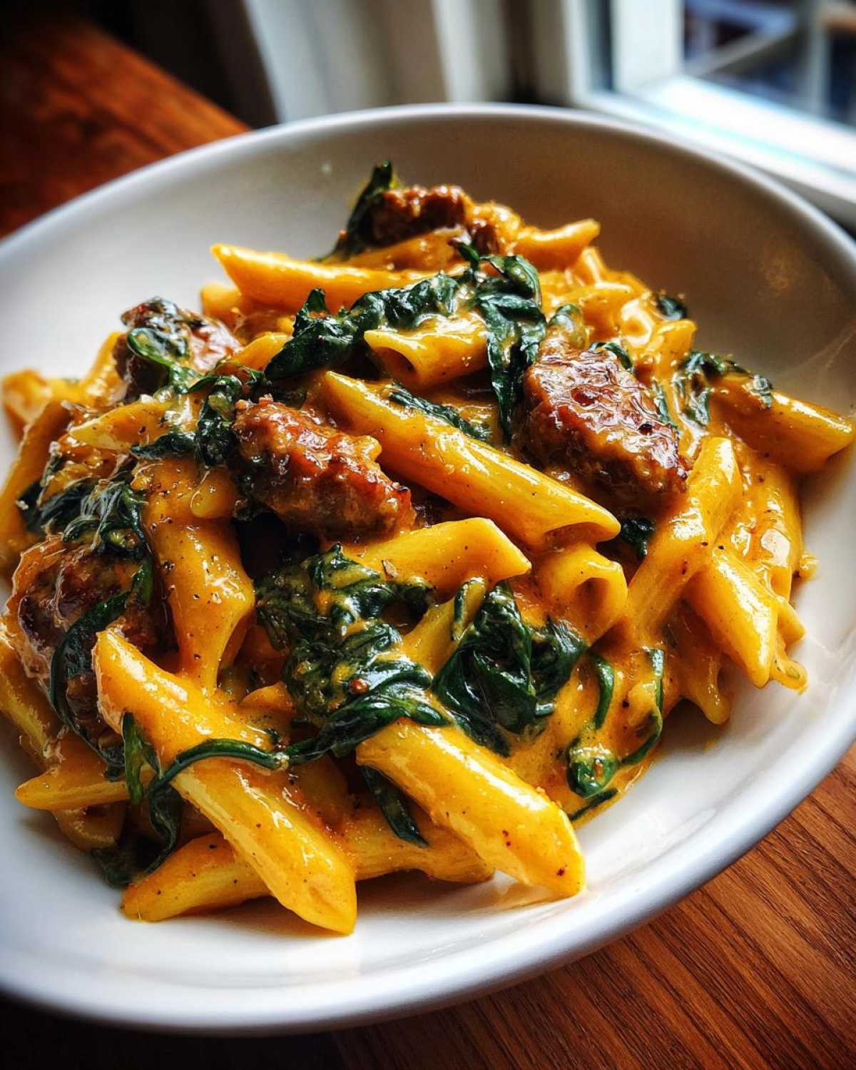 Close-up of creamy chicken sausage pasta featuring penne, browned sausage pieces, and wilted spinach in a white bowl.